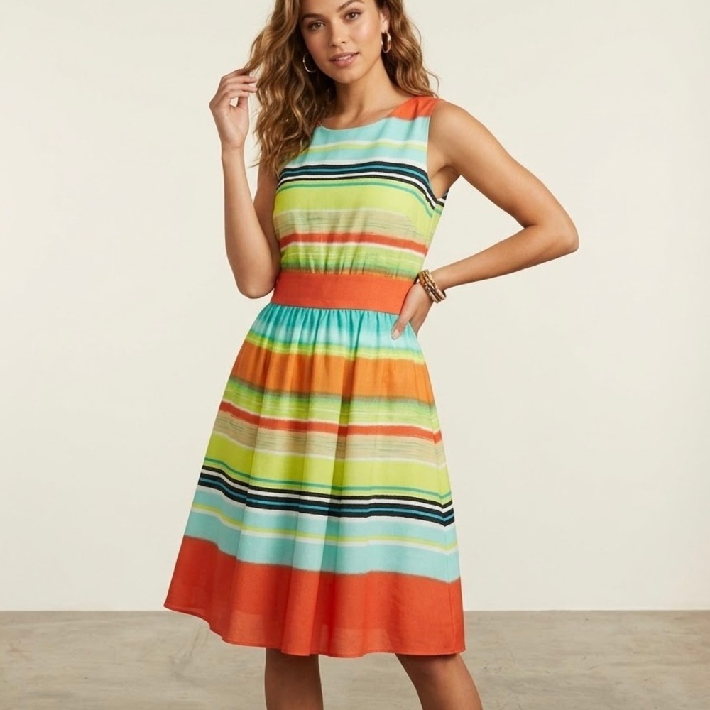J. Taylor Fit and Flare Striped Sleeveless Multi-Color Dress Women Size 4